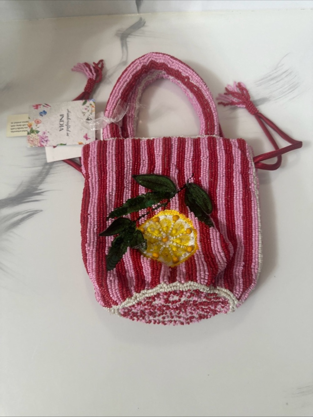 Pink Striped Beaded Lemon Accent Tote Bag